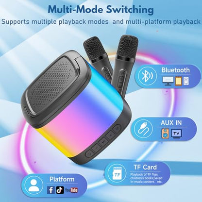 Mini Karaoke Machine, Portable Bluetooth Karaoke Speaker with 2 Wireless Microphones and Phone Holder, Popular Birthday Gifts, Singing Machine for Home Party - color: Gray