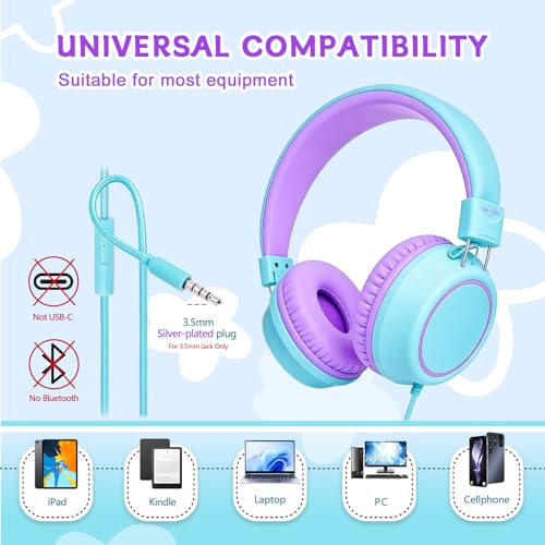 Olyre Kids Headphones, Toddler Headphones with Cord for School Plane Travel, Lightweight Stereo Wired Children Earphones with HD Microphone for Boys Girls for PC Cellphone Tablet(Icy Mint Blue/Purple) | Blue, purple; Over ear headphones with cord for scho
