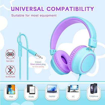 Olyre Kids Headphones, Toddler Headphones with Cord for School Plane Travel, Lightweight Stereo Wired Children Earphones with HD Microphone for Boys Girls for PC Cellphone Tablet(Icy Mint Blue/Purple) | Blue, purple; Over ear headphones with cord for scho