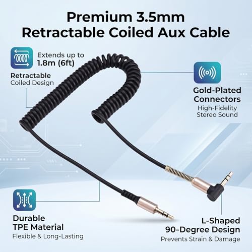 Zerone L Shaped 3.5mm Male to Male Coiled Aux Cable 6ft Retractable Spring Audio Cord for Car Home Stereo Speaker Headphone