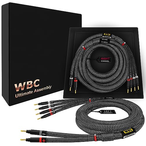 WORLDS BEST CABLES 8 Foot Ultimate - 9 AWG - Ultra-Pure OFC - Premium Audiophile HiFi Bi-Wire Speaker Cable Pair with Eminence Gold Banana Plugs & Carbon Tweed Jacket