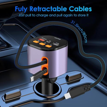 Retractable Car Charger,5 in 1 Fast Cars Phone Charger 90W,Bluetooth 5.3 FM Transmitter Adapter,Handsfree Call,2 Retractable Cables and USB Chargers for iPhone17/ 16/15/14/13/Samsung - color: Purplr