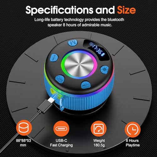 Bluetooth Shower Speaker, Portable Bluetooth 5.3 Speakers Wireless with Time Display, IP7 Waterproof Speakers with RGB Light, Suction Cup, Mini Stereo Speaker for Bathroom Party Beach Outdoor, Blue - color: Sky Blue
