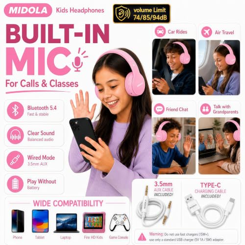 MIDOLA Kids Headphones Bluetooth 5.4 Wireless 68H Play Time Volume Limit 85/94dB Over-Ear Foldable Headset,Type-C Fast Charging,with Wired Aux Mic for Toddler Child Pad Tablet Pink | Adjustable Headband Foldable Over-Ear Lightweight Headsets for Toddler G