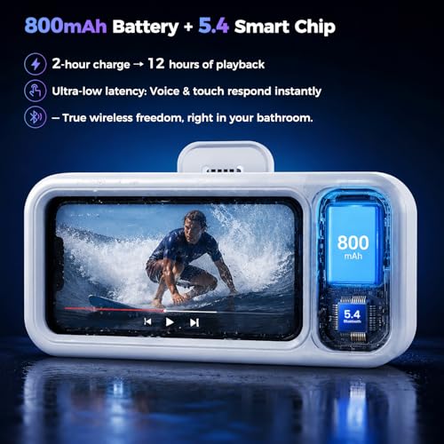 Waterproof Shower Bluetooth Speaker with Phone Holder, IPX5 Splash-Proof Wireless Bathroom Speaker for iPhone & Android, Touch Screen Shower Caddy with Strong Adhesive Hook