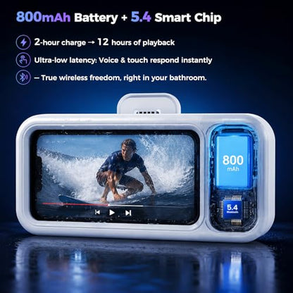 Waterproof Shower Bluetooth Speaker with Phone Holder, IPX5 Splash-Proof Wireless Bathroom Speaker for iPhone & Android, Touch Screen Shower Caddy with Strong Adhesive Hook