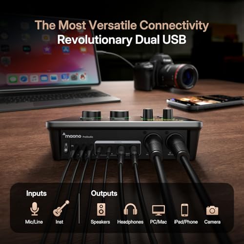 MAONO P2 Hybrid USB Audio Interface Dual XLR for PC Phone iPad Guitar | 56dB Gain, Loopback, Mute, ASIO, Routing Software Features, for Podcast, Streaming, Mobile Music Recording, Content Creation