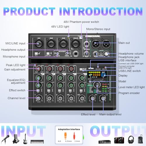 USB interface Audio 7 Channel Mixer With Effects 88 Dsp Digital DJ Mixing Board Bluetooth Music Player 48v Line For Condenser Mic Audio Mixer to PC/Phone For Karaoke Record Livestream