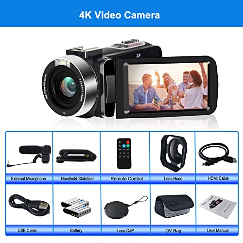4K Video Camera, Camcorder 48MP Ultra HD WiFi Vlogging Camera for YouTube 18X Zoom 3.0" Touch Screen Digital Camera with Microphone, Stabilizer, Lens Hood, Remote, 2 Batteries