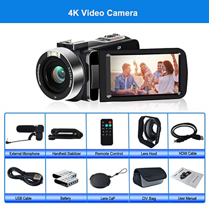 4K Video Camera, Camcorder 48MP Ultra HD WiFi Vlogging Camera for YouTube 18X Zoom 3.0" Touch Screen Digital Camera with Microphone, Stabilizer, Lens Hood, Remote, 2 Batteries