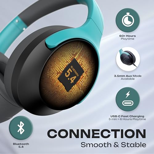 PowerLocus Bluetooth Headphones Over Ear, 60H Playtime, 4 EQ Modes Wireless Headphones with Microphone, Hi-Fi Stereo Deep Bass Foldable Headphone, Soft Foam Ear Cups,Fast Charging for Travel/PC/Phones - color: Grey/Mint