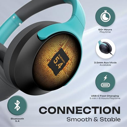 PowerLocus Bluetooth Headphones Over Ear, 60H Playtime, 4 EQ Modes Wireless Headphones with Microphone, Hi-Fi Stereo Deep Bass Foldable Headphone, Soft Foam Ear Cups,Fast Charging for Travel/PC/Phones - color: Grey/Mint