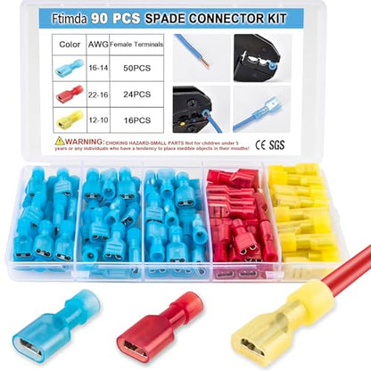 90PCS Female Spade Connector Kit, Nylon Spade Wire Terminal Connectors for 12-10, 16-14, 22-16 AWG Wire, Quick Disconnect Fully Insulated Crimp Terminals for Auto, Speaker and Stereo Wiring