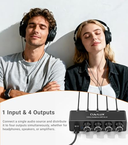 4-Way 3.5mm Headphone Amplifier with Independent Volume Control, 16-300 Ohm, Aluminum Case Stereo Audio Splitter Box for Headphone, Speaker, and Laptop-5V DC Power Supply