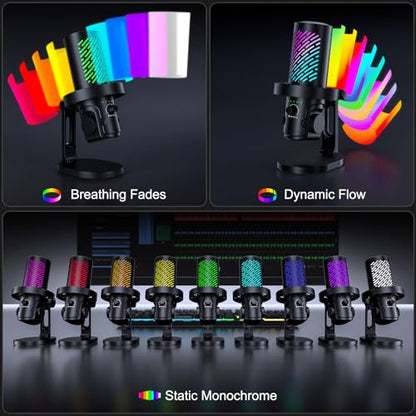 tenlamp RGB USB Condenser Microphone for Gaming Streaming Podcast - Cardioid with Touch Mute & Noise Reduction, Dynamic RGB Lights, Gain Knob, Headphone Monitoring, Plug and Play for PC Mac Phone
