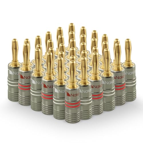 Nakamichi Ultimate Series 24K Gold Plated Beryllium Red Copper Banana Plug 12-18 AWG Gauge Size 4mm Connector for Speakers Wire Amplifiers Hi-Fi Sound Systems (36 Pcs (18-Pairs), Banana Plugs) - size: 36 Pcs (18-Pairs)