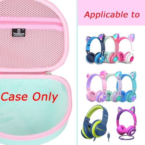 Tourmate Hard Travel Case for Riwbox CT-7 CT-7S / iClever HS01 / FosPower Cat Ear LED Light Kids Wireless Headphones, Protective Carrying Storage Bag (Pink&Green Box for Sale) - color: Pink&Green