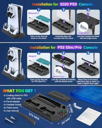 PS5/PS5 Slim/PS5 Pro Stand and Cooling Station with Dual Controller Charging Station for PlayStation 5 Console, PS5 Accessories Incl. Controller Charger, Cooling Fan, Headset Holder, 3 USB Hub, Black - color: Black