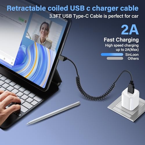 SinLoon USB Type C Coiled Cable 5Gbps Retractable 90 Degree USB3.0 to USB C Charging Cable and Data Transfer for Phone, Tablet, Other USB C Devices (M to D)