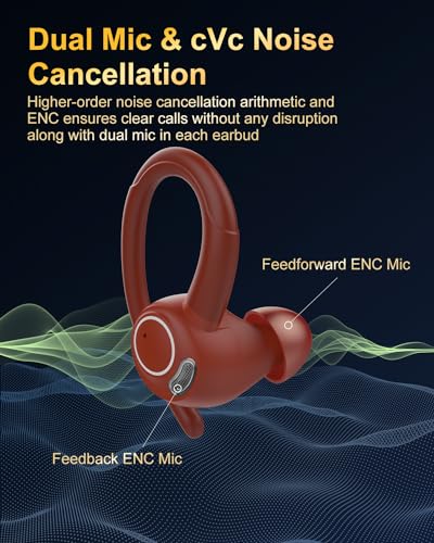 Wireless Earbuds, Bluetooth 5.4 Headphones Sport Over Ear Buds With ENC Mic | Noise Cancelling,48H, Wireless Earphone With Earhooks, Stereo Deep Bass, IP7 Waterproof ear bud for Workout Running,Light Red - color: Red