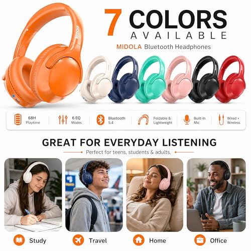 MIDOLA Bluetooth Headphones Wireless 68H with Mic,Decent Sound-Acceptable | Adjustable Headband Foldable Over-Ear Lightweight for Office/Travel/Tablet/iPad/Laptop,HD Stereo Sound,Aux 3.5mm Orange - color: Orange
