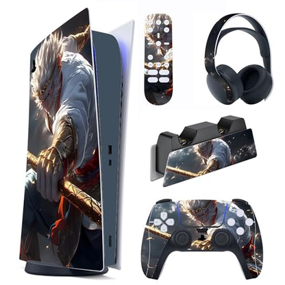 PlayVital Full Set Skin Decal for ps5 Console Digital Edition, Sticker Vinyl Decal Cover for ps5 Controller & Charging Station & Headset & Media Remote - Sage Wukong - color: Sage Wukong