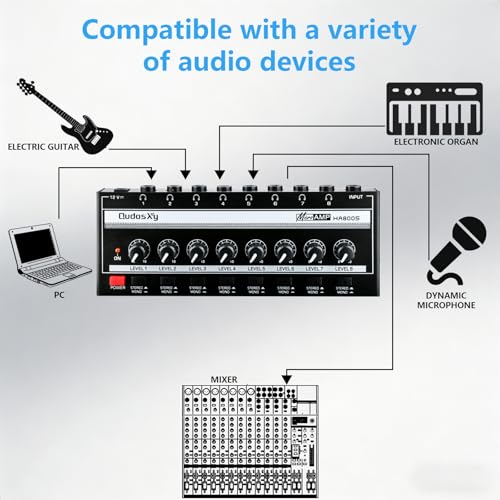 HA800S Audio Mixer, 8-Channel Stereo Line Mixer for Sub-Mixing, Independent Volume & Stereo/Mono Control, 1/4" TRS Input/Output for Headphone Monitoring, Studio Recording, Band Rehearsal