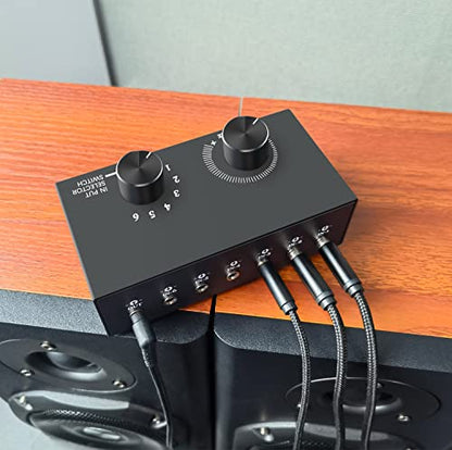 6방향 오디오 스위치, 3.5mm (1/8인치) 스테레오 오디오 스위치, 플러그 앤 플레이, PC, 노트북, MP3, MP4, 헤드폰, 게임 시스템 등과 호환됩니다. (6"-1 아웃) - style: 3.5mm(1/8인치) 오디오 스위처