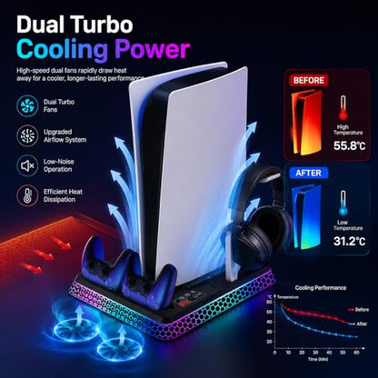 PS5 Stand with Hexagon RGB Aesthetics,PS5 Cooling Station for PlayStation 5 Slim Pro Disc Digital Console with Cooling Fan,Dual Controller Fast Charger USB Hub Headset Holder Game Storage (Black)