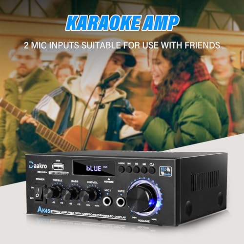 Daakro AK45 Stereo Audio Amplifier,300W Home 2 Channel Wireless Bluetooth 5.0 Power Amplifier System, Home Amplifiers FM Radio, USB, SD Card, with Remote Control Home Theater Audio Stereo System | 2 Channel Power Amplifier System, Home Amplifiers FM Radio