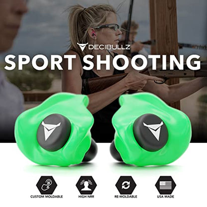 Decibullz - Custom Molded Earplugs, 31dB Highest NRR, Comfortable Hearing Protection for Shooting, Travel, Swimming, Work and Concerts (Green) - color: Green