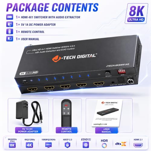 J-Tech Digital 8K HDMI Switch 4 in 1 Out 8K@60Hz 4K@120Hz 1080P@240Hz, HDMI Audio Extraction to Optical & 3.5mm, HDR HDCP 2.3 EDID Control, Compatible with PS5 PS4 Xbox Switch Apple TV Roku Fire TV - style: 4 in 1