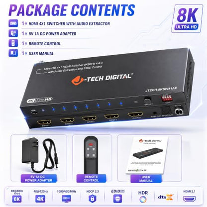 J-Tech Digital 8K HDMI Switch 4 in 1 Out 8K@60Hz 4K@120Hz 1080P@240Hz, HDMI Audio Extraction to Optical & 3.5mm, HDR HDCP 2.3 EDID Control, Compatible with PS5 PS4 Xbox Switch Apple TV Roku Fire TV - style: 4 in 1
