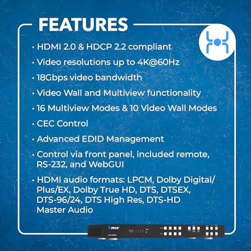 OREI 4K 4x4 HDMI Matrix Video Wall Controller Processor Multiviewer Display Upto 4K 60hz 2x1, 1x2, 1x3, 1x4 Supports 180 Degree Rotate RS-232 Audio Extraction (UHD-44MVW) - style: 4x4 Multiview/Video Wall