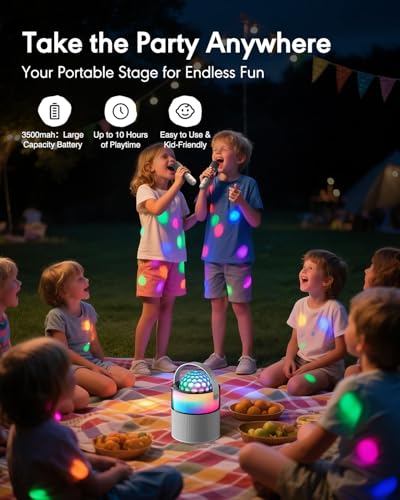 Karaoke Machine with Disco LED Lights, Mini Portable Bluetooth Speaker with 2 Wireless Microphones for Kids Adults, Birthday Gifts for Girls Boys Family Parties Travel (White) - color: White