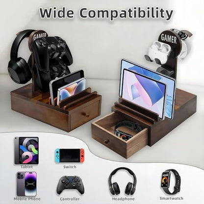 Gamer Controller Holder Headphone Stand with Storage Drawer for Gaming Equipment,Wood Gamer Gifts for Teenage Boy,Headpset Stand Gaming Desk Accessories for Fathers Day Men,Son,Husband