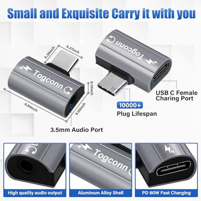 USB C to 3.5mm Aux Headphone and Charger Adapter Splitter, 2 in 1 USB Type C Male to Aux Audio Jack with PD 60W Fast Charge Port for iPhone 15 Pro Max, Galaxy S24/23 Ultra, iPad Pro, Pixel 8 - style: USB C PD Charging + 3.5mm Audio