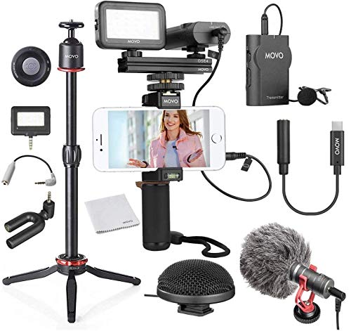 Movo Huge Smartphone Vlogging Kit V8 with USB Type-C Dongle Mini Tripod, Grip Rig, Wireless Shotgun Mini, 360° Stereo Microphones, LED Lights, Remote for TikTok, YouTube, and Streaming