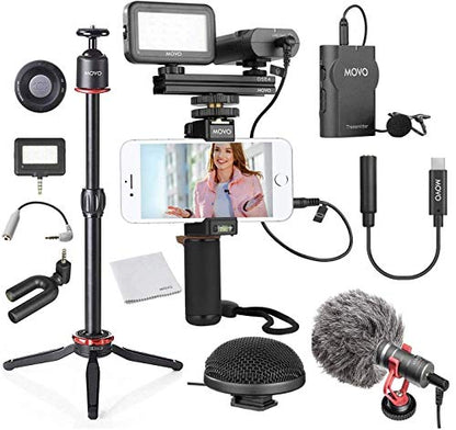 Movo Huge Smartphone Vlogging Kit V8 with USB Type-C Dongle Mini Tripod, Grip Rig, Wireless Shotgun Mini, 360° Stereo Microphones, LED Lights, Remote for TikTok, YouTube, and Streaming