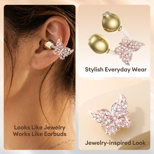 Clip On Earbuds with Detachable Gold Butterfly Earrings, Bluetooth 6.0 Open Ear Earbuds for Women, Led Display Leather Texture Charging, Comfortable Fit, Sports, Daily Wearers&Gifts, X22 Beige - color: Beige-Gold Butterfly Diamond Earrings