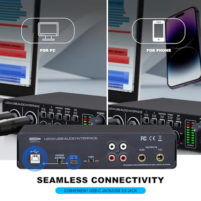 U204 USB Audio Interface for PC Computer Recording Music, 2x2 Guitar Audio Interface for Mac 32Bit/192kHz Podcasting Streaming for Vocalist Producer with 48V Phantom