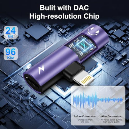 [Apple MFi Certified] 2in1 Lightning to 3.5mm Headphone Adapter and Charger | Lightning to Aux Jack Adapter & Fast Charger iPhone Dongle Audio Splitter for iPhone 14 13 12 11 Pro XR XS Max X 8 7 6 - color: Purple