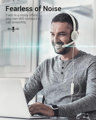 NUBWO HW02 USB Computer Headset with Clear Chat Microphone, Lightweight On-Ear Wired Headset for MS Teams, Skype, Webinars, Call Center and More -White | Lightweight On-Ear Wired Headset for MS Teams, Skype, Webinars, Office Call Center and More (White) -