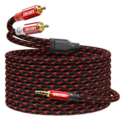 KIRFEIHT RCA to 3.5mm Audio Cable - 30FT AUX OFC Core Cord RCA Cables with Nylon Braided 1/8 Gold-Plated Connectors for Smartphones, Tablets, Speakers, HDTV, Amplifiers - Red & Black - size: 30FT, style: 2RCA TO 3.5MM