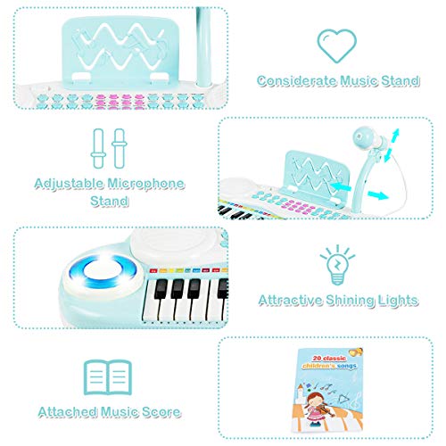 Costzon 37 Keys Electronic Keyboard Piano for Kids, Portable Musical Keyboard with Rhythm Light, Microphone, Recording, Music Stand, 8 Tone Keys, 4 Percussion Instruments (Blue) - style: Blue