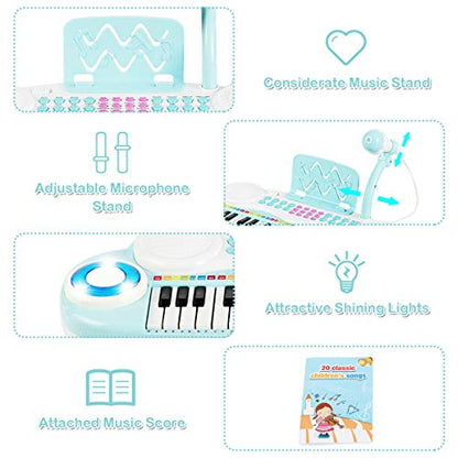Costzon 37 Keys Electronic Keyboard Piano for Kids, Portable Musical Keyboard with Rhythm Light, Microphone, Recording, Music Stand, 8 Tone Keys, 4 Percussion Instruments (Blue) - style: Blue