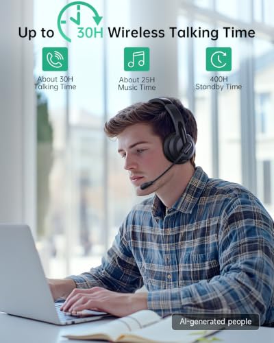AOC Wireless Headset with Mic for Work, AI Noise Cancelling, Bluetooth | AI Noise Cancelling Mic, Bluetooth 5.3, USB-A/C Dongle Included, Mic Mute, Compatible with PC, Laptop & iPhone - color: Black