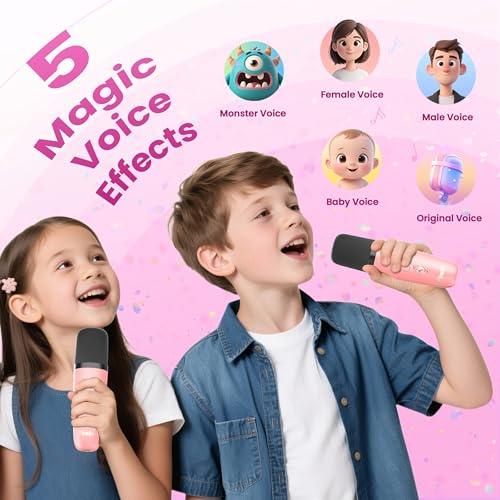 Mini Karaoke Machine, Portable Bluetooth Speaker & 2 Wireless Microphones | Karaoke Player Karaoke Microphone For Family Home Party Outdoor With HI-FI Sound | 5 Magic Sound | PA System | USB | TF | AUX - color: Pink