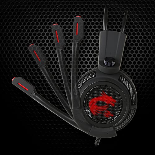 MSI DS502 Gaming Headset - 7.1 Virtual Surround Sound, Vibration Feedback, 40mm Neodymium Drivers, Laptop, Omnidirectional Microphone, Inline Controls, USB 2.0 Connector - Wired