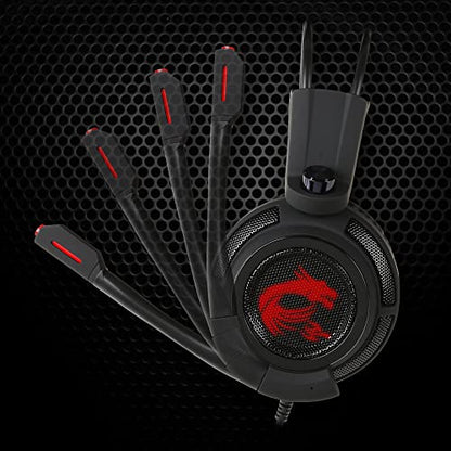 MSI DS502 Gaming Headset - 7.1 Virtual Surround Sound, Vibration Feedback, 40mm Neodymium Drivers, Laptop, Omnidirectional Microphone, Inline Controls, USB 2.0 Connector - Wired